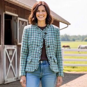 NEW Talbots Blazer Jacket 12 Petite Grace Fit Herringbone Elbow Patch Wool Blue